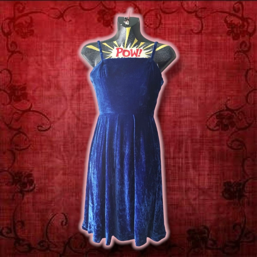 60s Dollette Blue Velvet Pinafore Babydoll Spaghetti Strap Dress Size 00